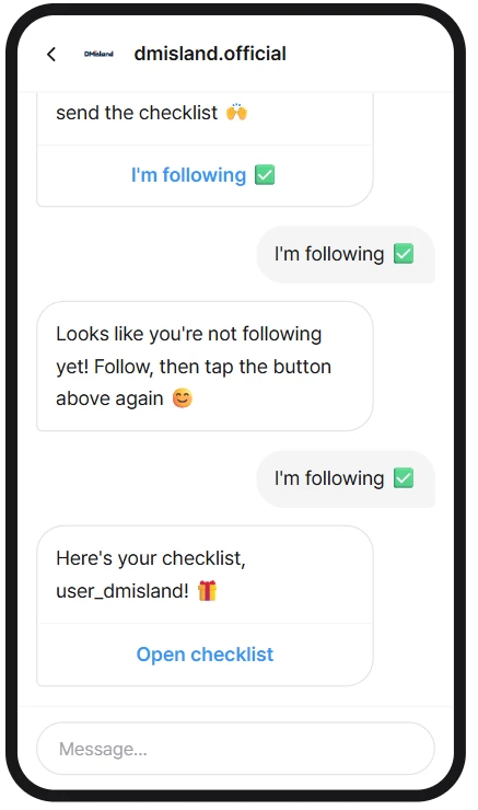 Follow gate DM preview: an opening DM with an I'm following button, a follow request, then the delivery message with a link button