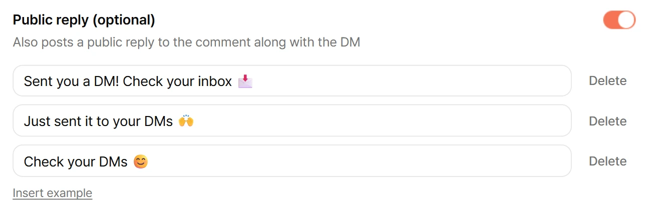 DMisland public reply settings with three reply variations, one picked at random for each comment