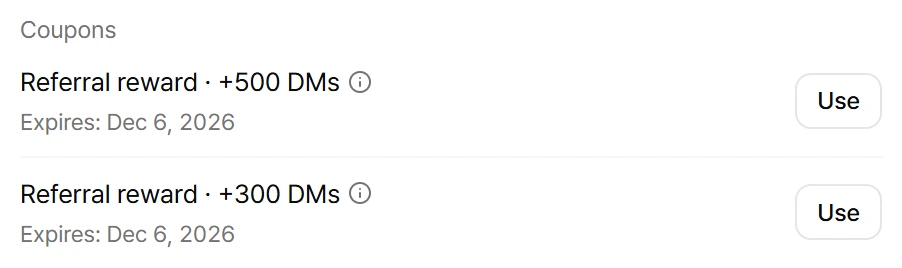 DMisland Plan tab showing two referral reward coupons for +500 and +300 DMs, each with an expiry date and a Use button