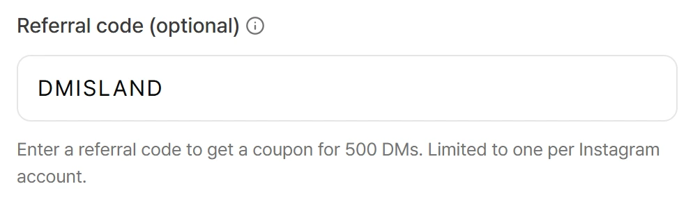 DMisland setup survey with DMISLAND entered in the Referral code field and a note that a referral code gets you a coupon for 500 DMs