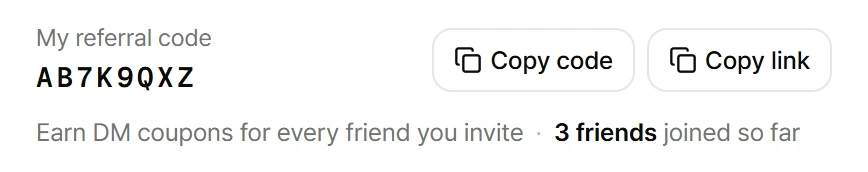 DMisland Account settings showing My referral code AB7K9QXZ with Copy code and Copy link buttons and the number of friends who joined