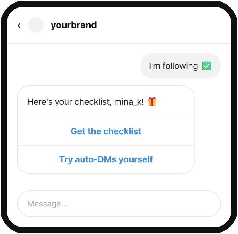 Delivery DM example: a Get the checklist button with a Try auto-DMs yourself button below it